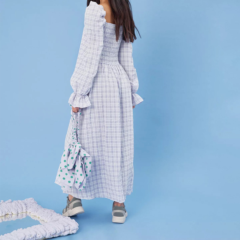 lilac check print shirred bust midaxi dress