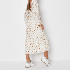 cream floral print shirred back midaxi dress
