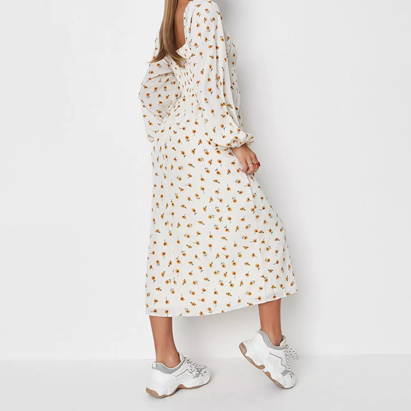 cream floral print shirred back midaxi dress