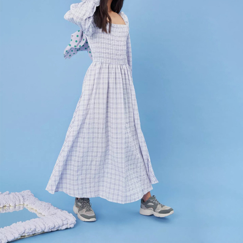 lilac check print shirred bust midaxi dress