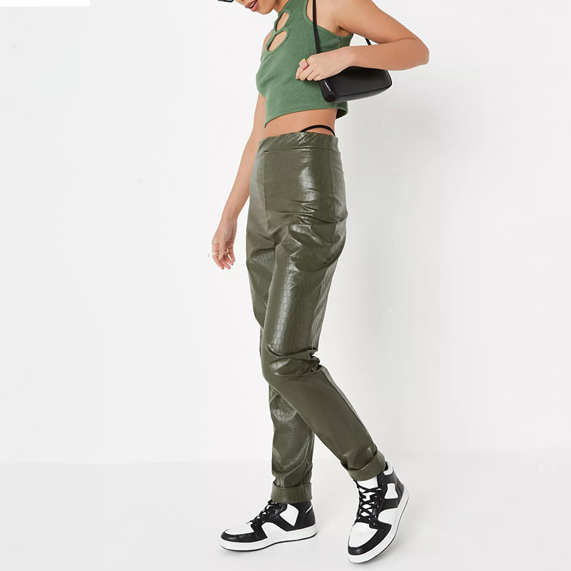 tall khaki mock croc faux leather turn up hem trousers