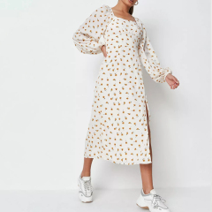 cream floral print shirred back midaxi dress