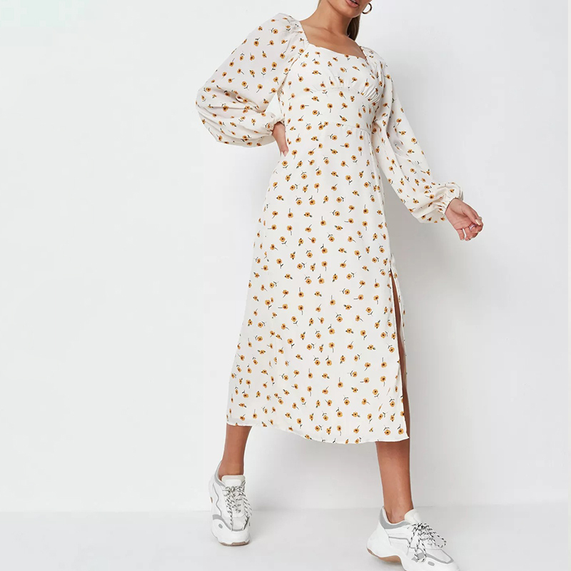cream floral print shirred back midaxi dress