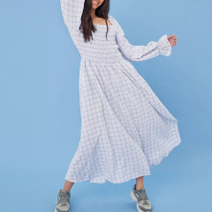 lilac check print shirred bust midaxi dress