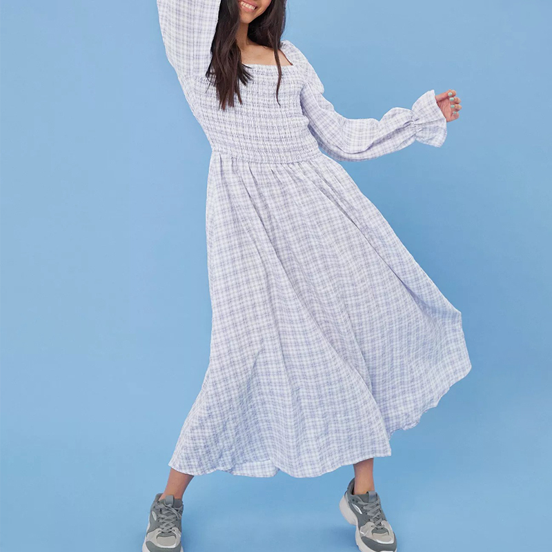 lilac check print shirred bust midaxi dress