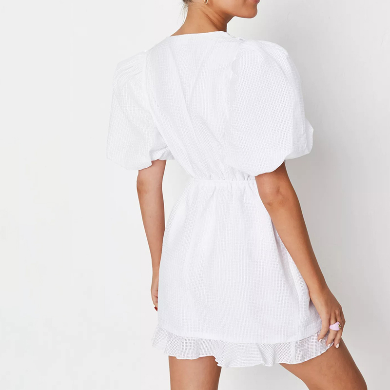 white check organza puff sleeve wrap dress