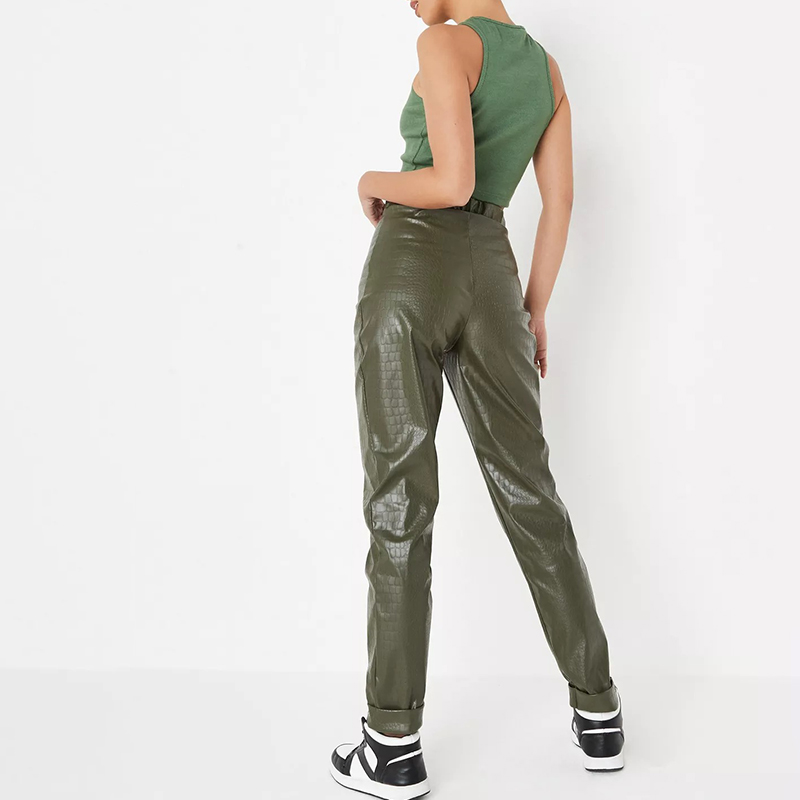 tall khaki mock croc faux leather turn up hem trousers