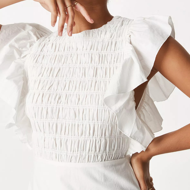 white shirred bust sleeveless mini dress