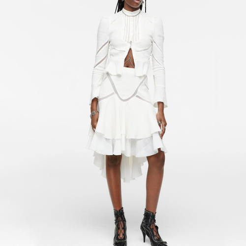 Paneled linen-blend skirt