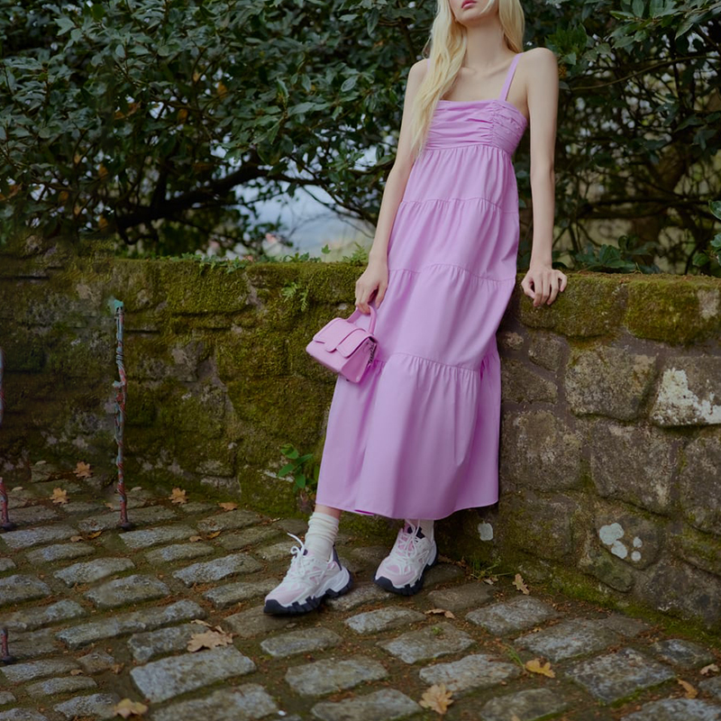 tiered paneled poplin dress