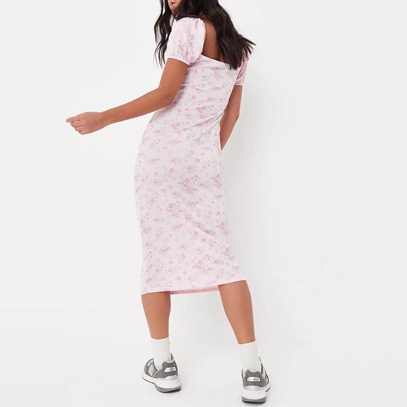 pink ditsy floral print ruched bust milkmaid midi dress