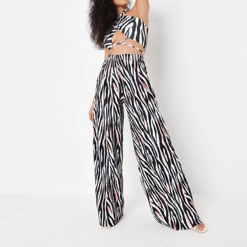 black co ord zebra print plisse wide leg trousers
