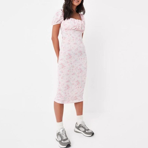 pink ditsy floral print ruched bust milkmaid midi dress