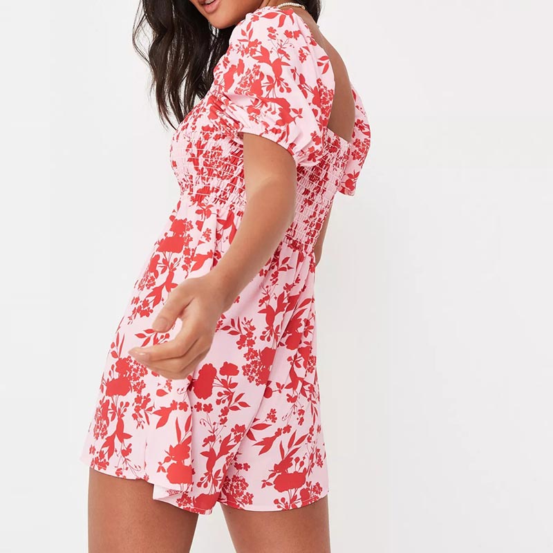 red floral print puff sleeve shirred playsuit