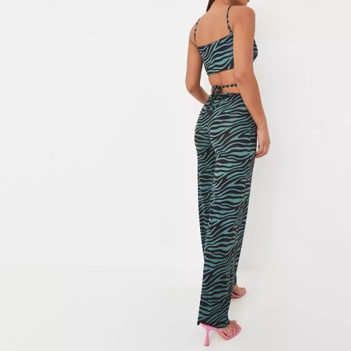 green co ord tiger print wrap straight leg slinky trousers