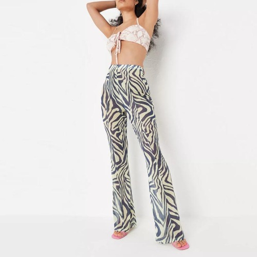 yellow zebra print wide leg mesh trousers