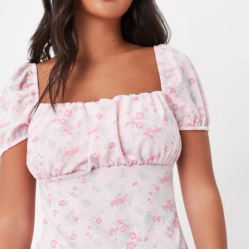 pink ditsy floral print ruched bust milkmaid midi dress
