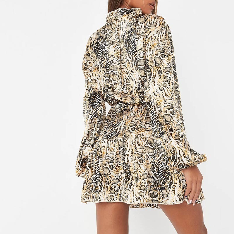 yellow animal print v neck balloon sleeve mini dress