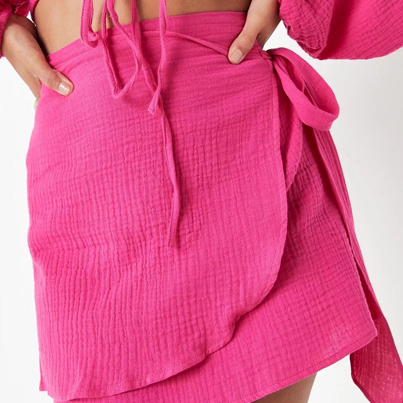 pink textured tie side beach cover up mini skirt