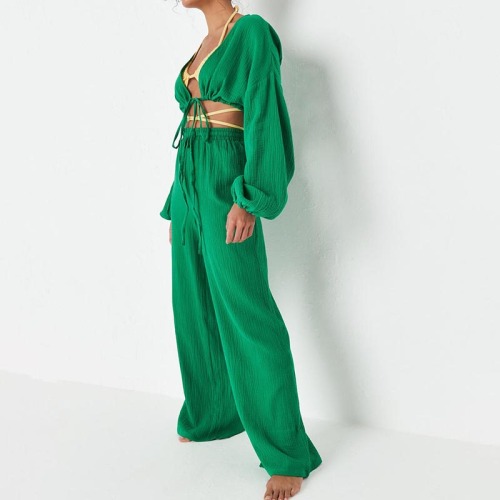 green textured wide leg trousers