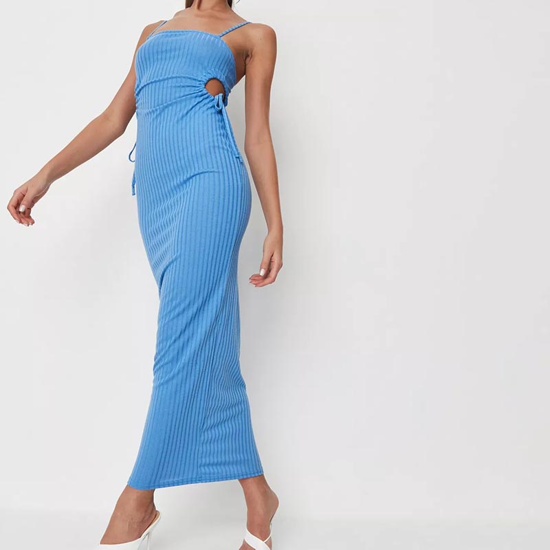 blue rib cut out side ruched midaxi dress