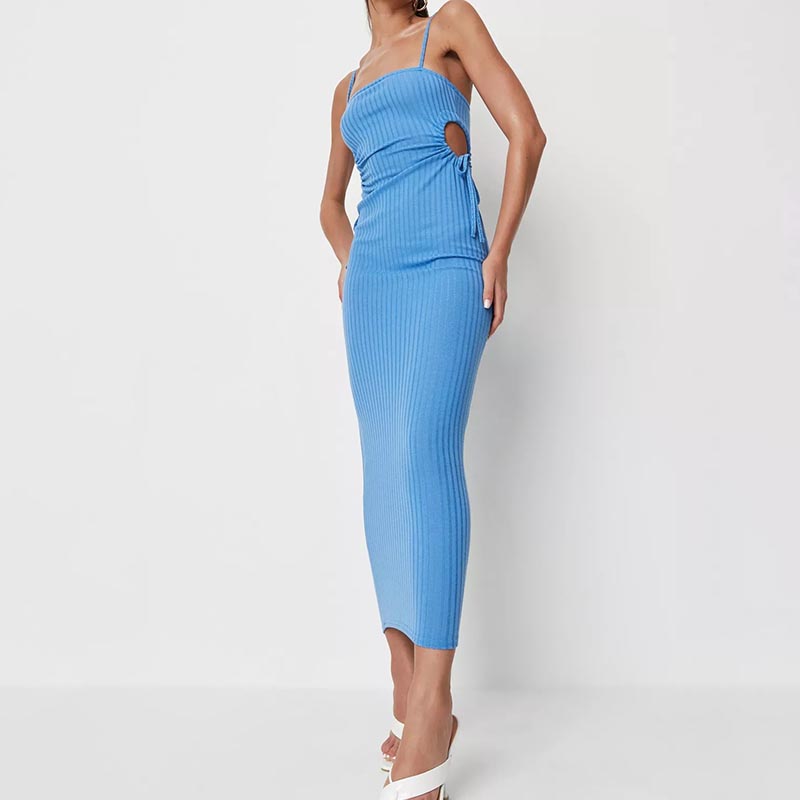 blue rib cut out side ruched midaxi dress