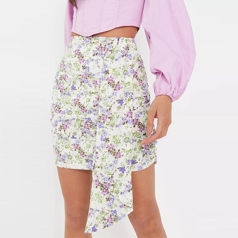 cream floral print drape mini skirt