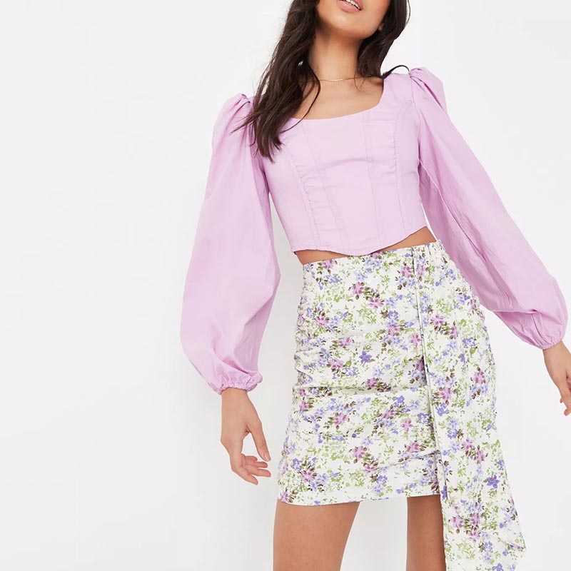 cream floral print drape mini skirt