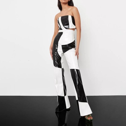 black co ord monochrome vinyl flared trousers