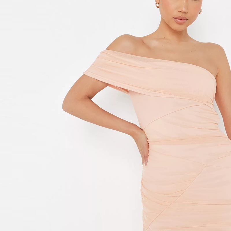 peach ruched mesh seam detail midaxi dress