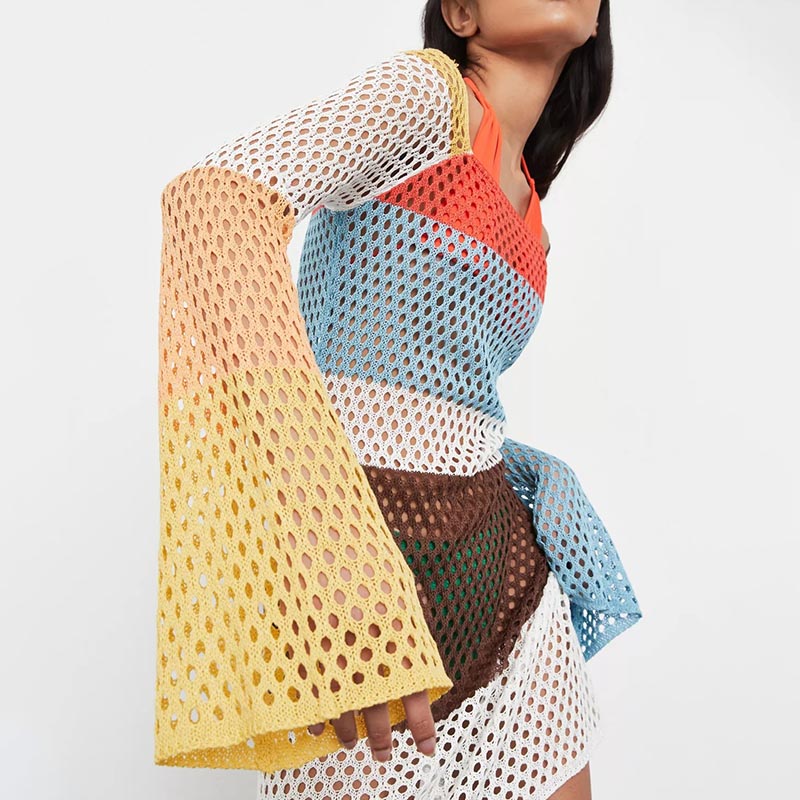 red colourblock crochet knit long mini dress