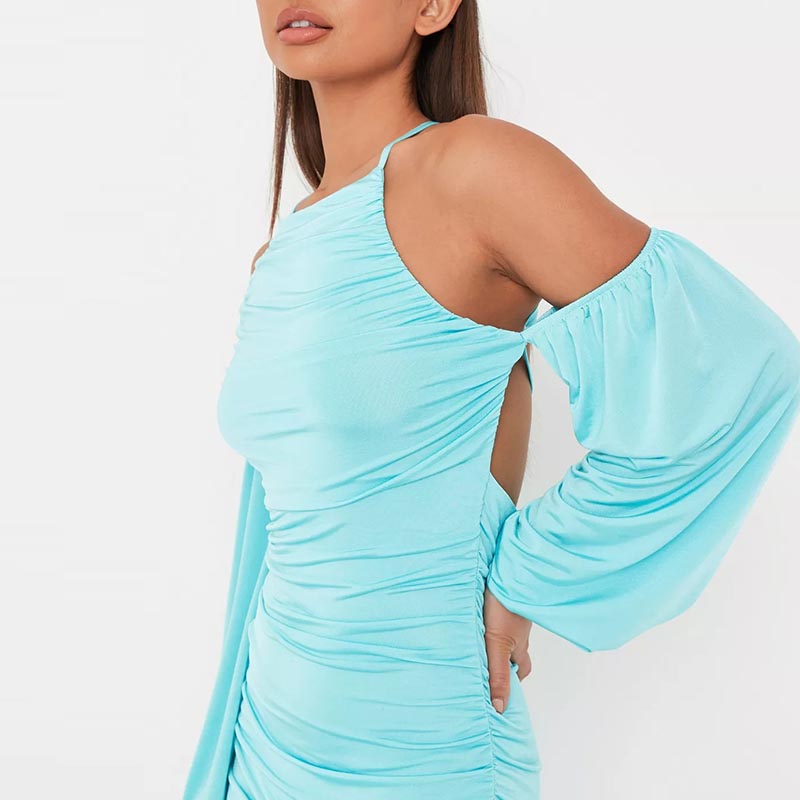 tall blue cut out ruched double layer slinky mini dress