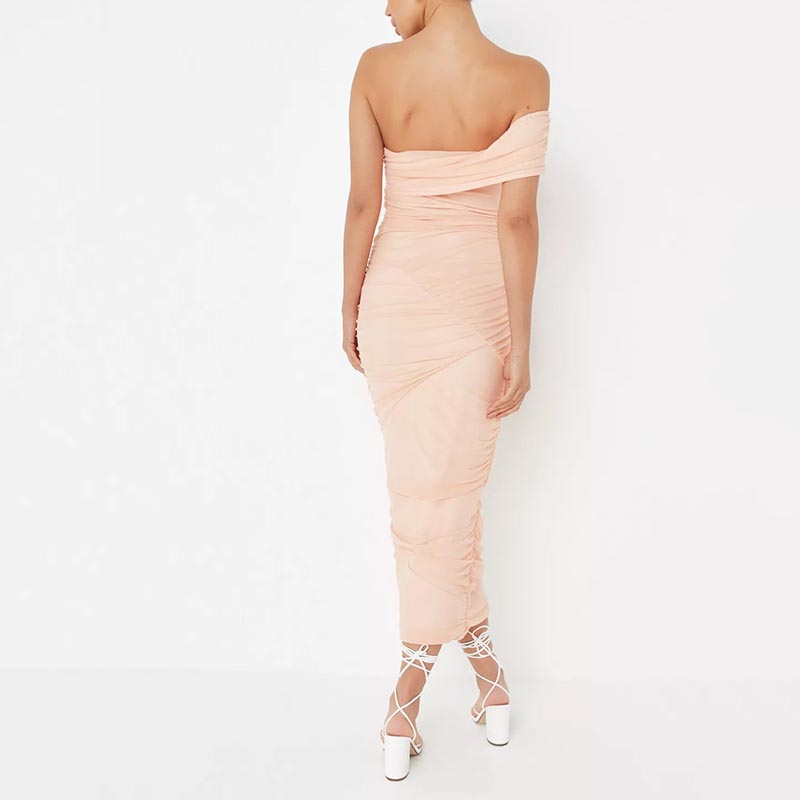 peach ruched mesh seam detail midaxi dress