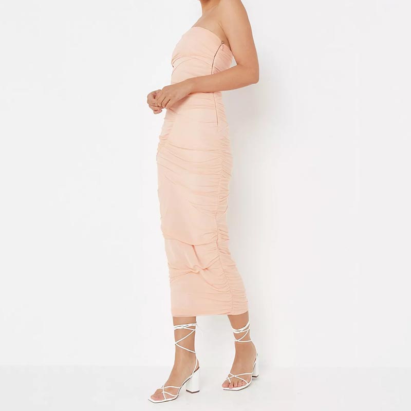 peach ruched mesh seam detail midaxi dress
