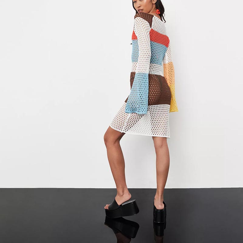 red colourblock crochet knit long mini dress