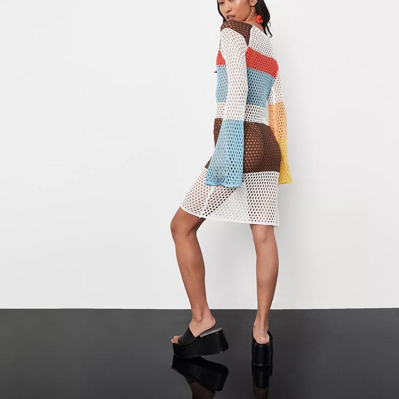 red colourblock crochet knit long mini dress
