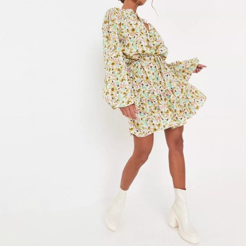 tall cream floral print balloon sleeve mini dress