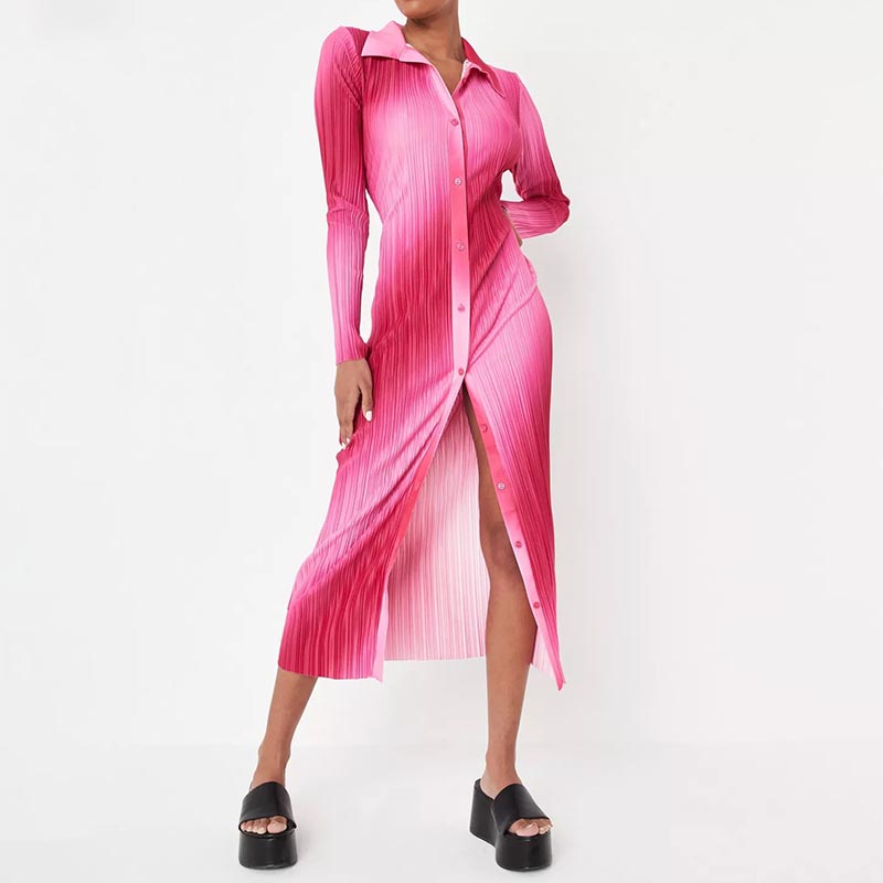 pink ombre button down plisse midaxi shirt dress