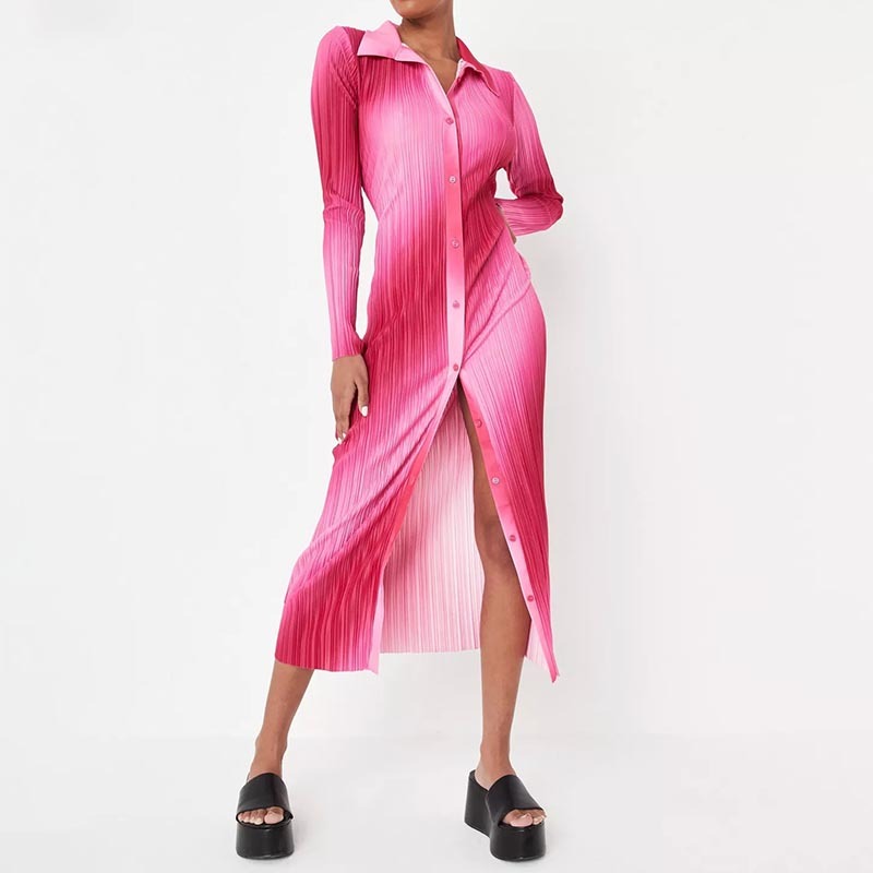 pink ombre button down plisse midaxi shirt dress