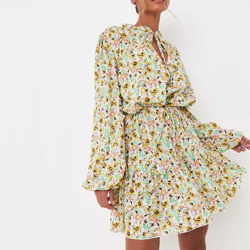 tall cream floral print balloon sleeve mini dress