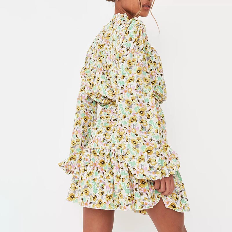 tall cream floral print balloon sleeve mini dress