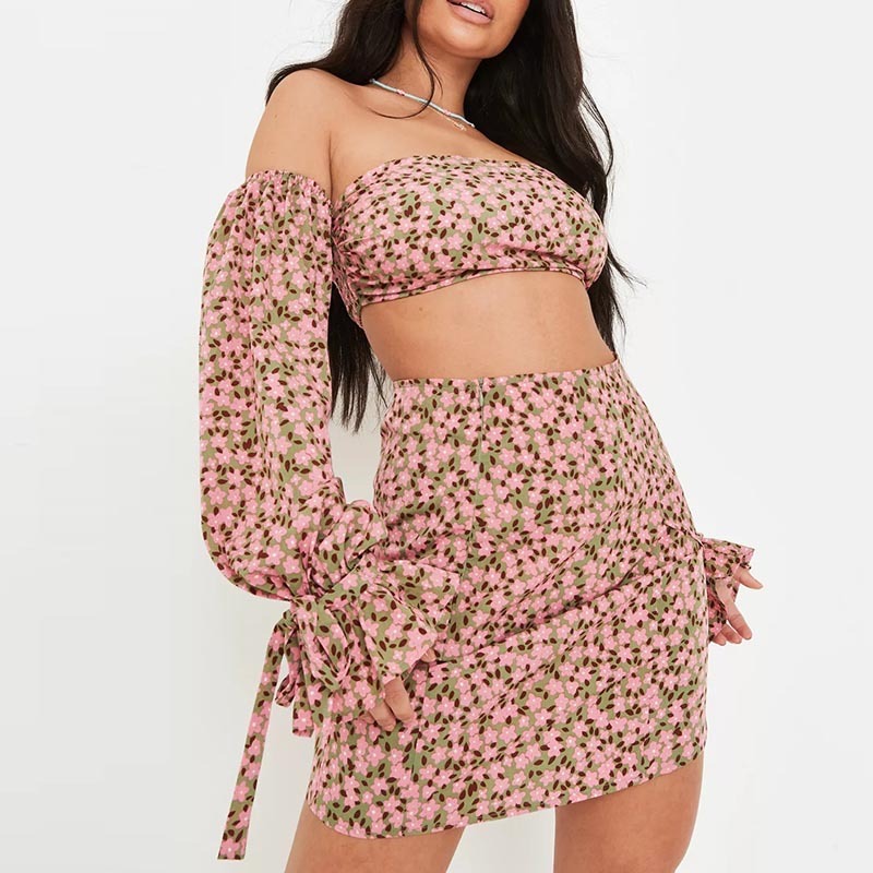 pink co ord floral print wrap front mini skirt