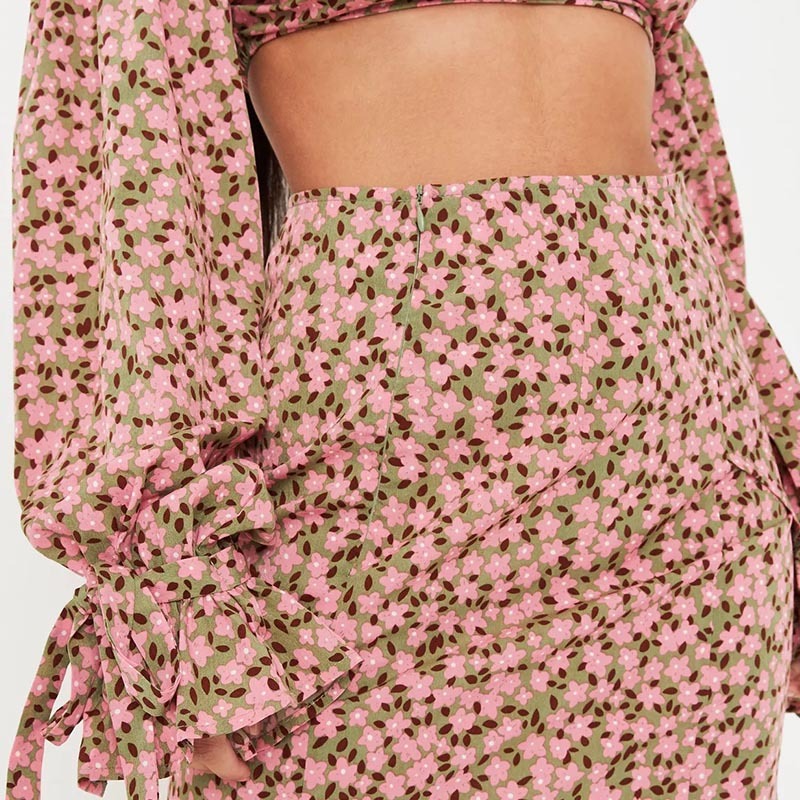 pink co ord floral print wrap front mini skirt