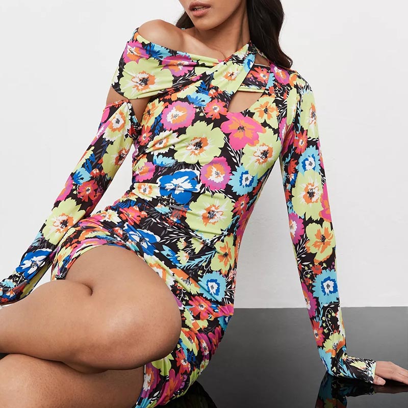 lime floral print slinky asymmetric mini dress