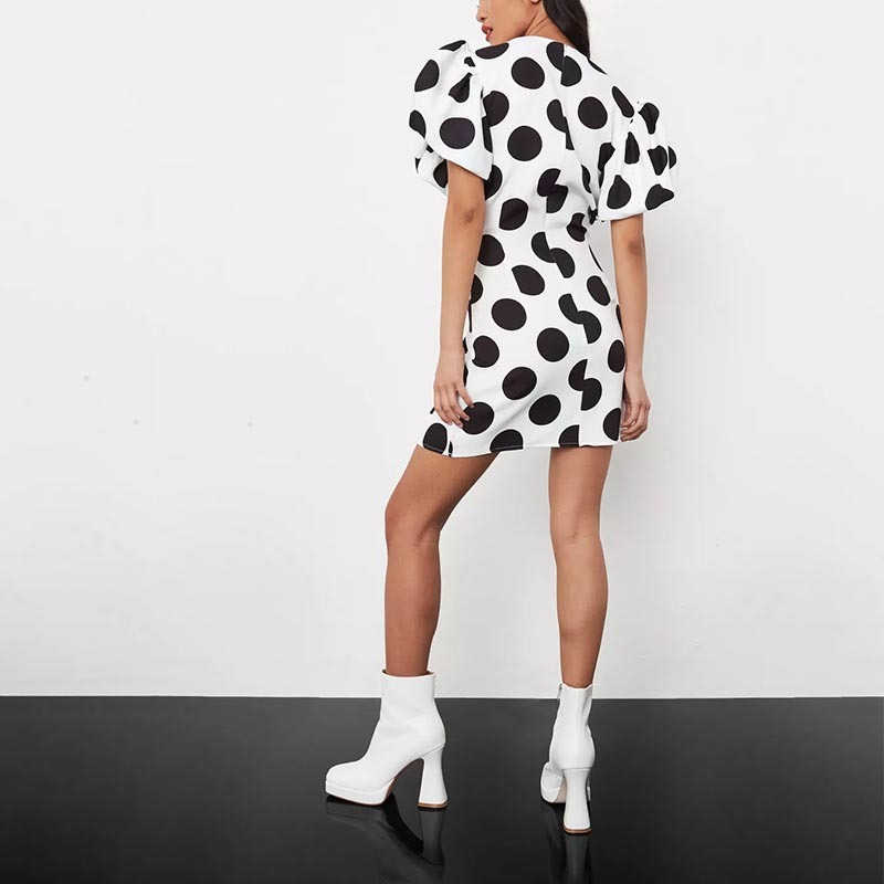 white polka dot puff sleeve mini dress