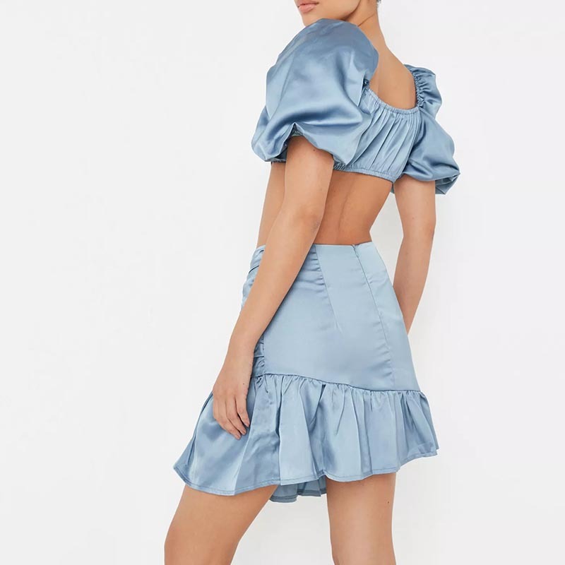 blue co ord ruched side satin mini skirt