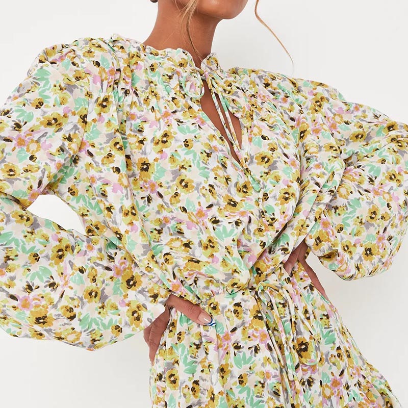 tall cream floral print balloon sleeve mini dress