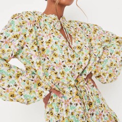 tall cream floral print balloon sleeve mini dress