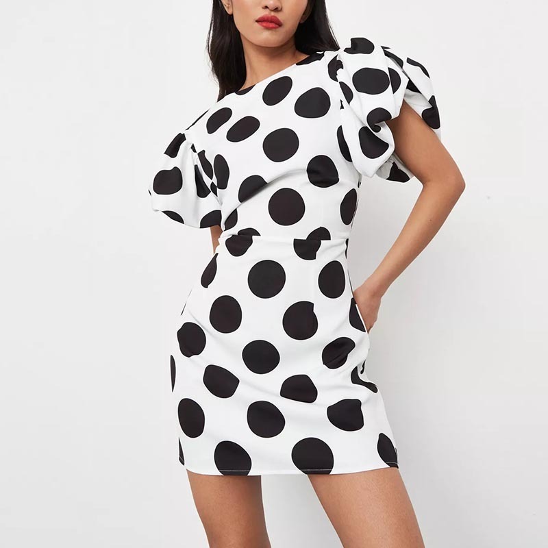 white polka dot puff sleeve mini dress