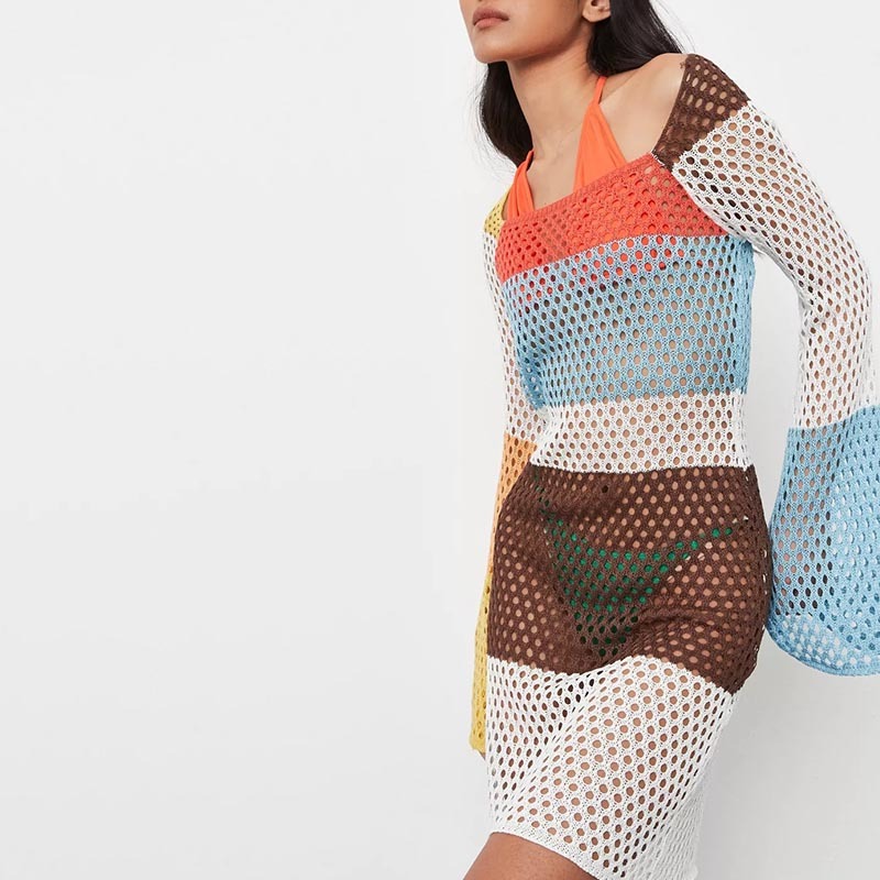 red colourblock crochet knit long mini dress